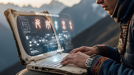 A person in an outdoor mountain setting uses a futuristic laptop displaying glowing runes and...