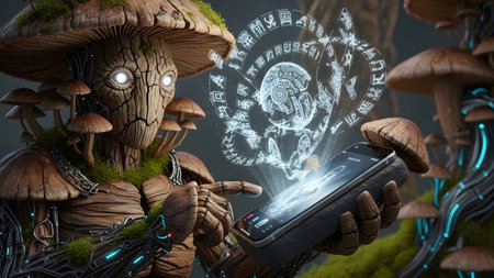 Ppaa showing mushroom creature pointing at smartphone with glowing symbols and intricate.の写真素材