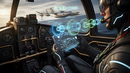 With showing pilot in cockpit with headset and gloves using smartphone for holographic display...
