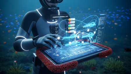 With scuba diver with futuristic holographic interface swimming lead data...