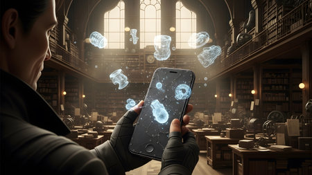 Holding showing person holding smartphone displaying holographic mechanical parts in antique...