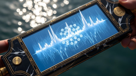 A detailed handheld device with a marble and gold finish a bright blue waveform and a glowing...の写真素材