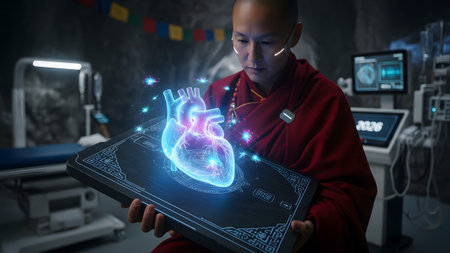 Facility showing monk in red robes examining a holographic human heart in a cave-like medical...の写真素材