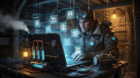A steampunk man with goggles and a leather jacket uses a laptop with a glowing blue digital...