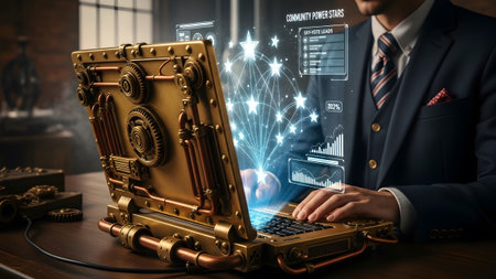 Ppaa showing steampunk laptop with glowing holographic interface displaying data charts and...の写真素材