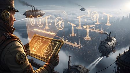 Steampunk airship captain with tablet controls holographic construction cranes over...の写真素材