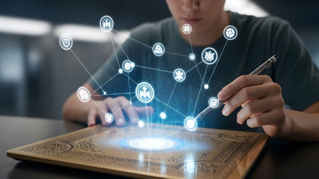 A person's hands use a stylus to touch a glowing holographic network of symbols projected from a...の写真素材