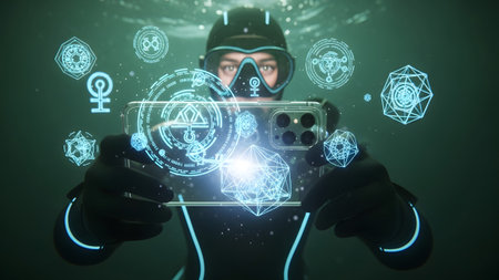Scuba diver holding smartphone displaying glowing geometric symbols underwater in green hue.の写真素材