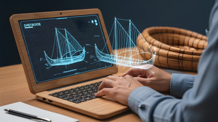 A person's hands type on a wooden laptop displaying a Viking ship blueprint with a glowing 3D...の写真素材