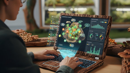 (559) showing scientist using a holographic laptop with interactive mushroom network diagrams...