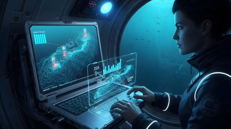 A woman in a futuristic jacket uses a laptop with a holographic interface in a dimly lit...の写真素材