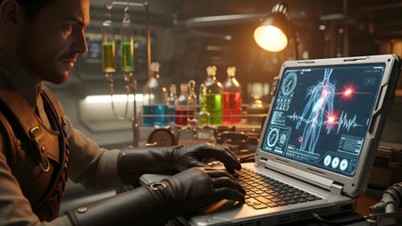 A man in steampunk attire with leather gloves types on a laptop showing a medical scan of the...