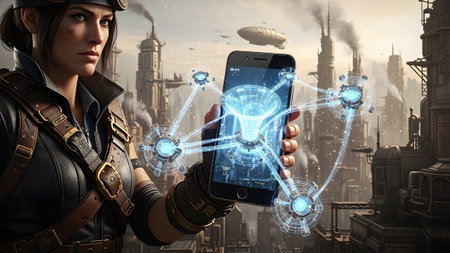 Against showing woman in steampunk outfit holds smartphone displaying holographic network...
