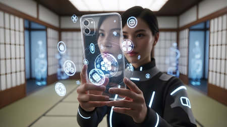 A woman in a dark uniform holds a transparent smartphone, interacting with glowing blue...