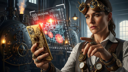 Showing steampunk woman with goggles examines holographic blueprint on smartphone in...の写真素材