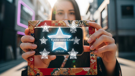 A woman holds an ornate frame displaying a smartphone with a digital hub interface and star in a...