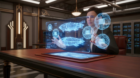 A woman in a suit interacts with a glowing blue holographic interface displaying airship...
