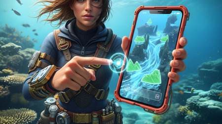 Screen showing woman in diving gear points at smartphone screen showing underwater augmented...の写真素材