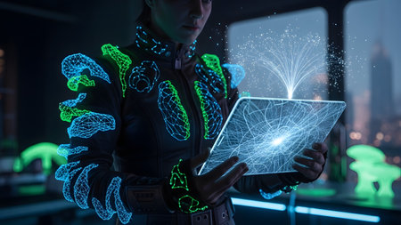 Screen showing woman in futuristic suit interacting with glowing digital interface on tablet...の写真素材