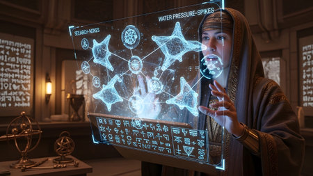 Ppaa showing woman in ancient robes studying a holographic interface with star-like shapes and...