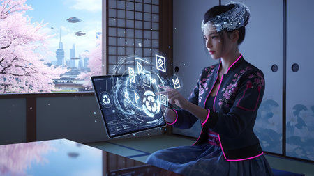 A woman in a kimono uses a holographic tablet displaying communication and recycling beside a...の写真素材