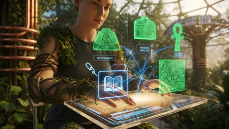 With showing woman with vine-covered arms using a holographic tablet displaying ancient symbols...の写真素材