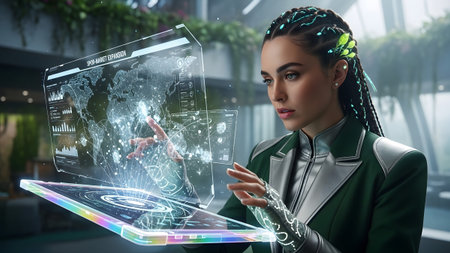 With showing woman with braids interacting with holographic map and data analytics interface....の写真素材