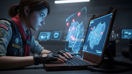 A young woman in a scout uniform intently studies a holographic map displayed on a futuristic...