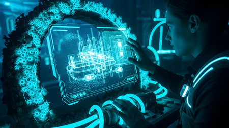 With showing woman interacting with a glowing blue holographic interface displaying complex...