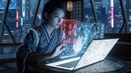 With showing young japanese woman in traditional kimono interacting with futuristic holographic...の写真素材