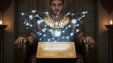 With showing king on throne with holographic data network and golden tablet displaying circuit...の写真素材