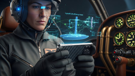 Pilot wearing helmet and gloves uses smartphone to interact with holographic...の写真素材
