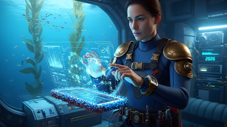 Visible showing female scientist in advanced diving suit operates holographic display in...の写真素材