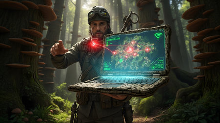 A man in explorer gear holds a bark-covered laptop showing a glowing map with network nodes in a...の写真素材