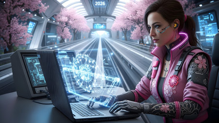 Ppaa showing woman using laptop with holographic interface in futuristic cherry blossom...の写真素材