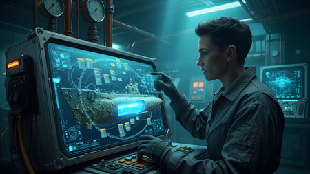 Control showing woman in dark uniform analyzing submarine schematics on futuristic glowing blue...の写真素材