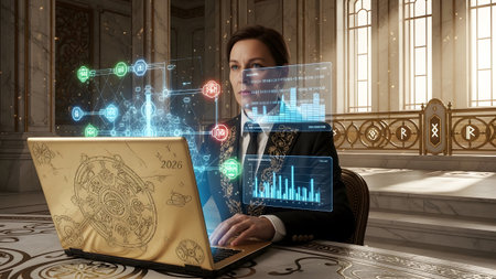 A woman in a suit studies holographic charts and displayed above a golden laptop....の写真素材