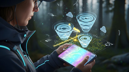 Showing woman with glasses and cap uses tablet displaying weather data with holographic...の写真素材