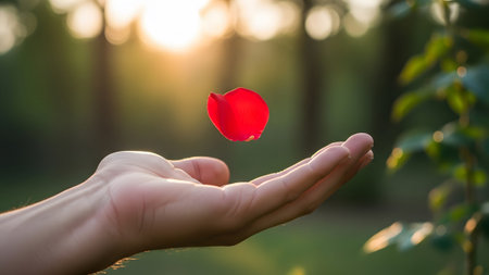 Setting showing a single red rose petal floats above an open human hand in a garden setting with...の写真素材
