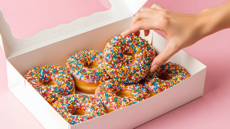 Picks showing a hand picks a donut with pink frosting and rainbow sprinkles from a white box....の写真素材