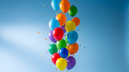 Colored showing a vertical arrangement of brightly colored balloons ascending against a clear...