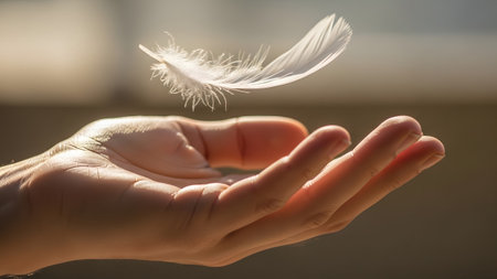Drifts showing a single white feather drifts weightlessly above an open palm, bathed in warm...の写真素材