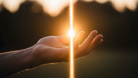 Outdoors showing a vertical beam of bright golden sunlight shines through an open hand held...