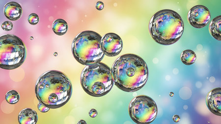 Space showing abstract background of rainbow-colored bubbles floating in a softly lit space....