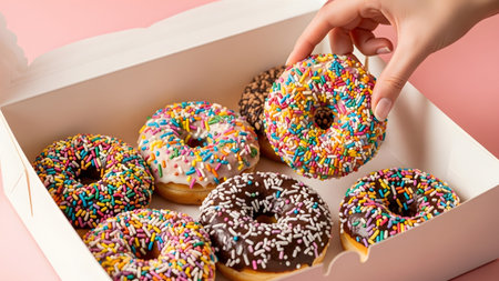 Picks showing a hand picks a donut with colorful sprinkles from a white box of assorted donuts....の写真素材