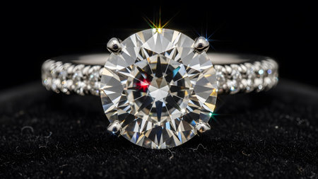 Macro shot of a diamond ring with a large central stone showing colorful light refractions on black.