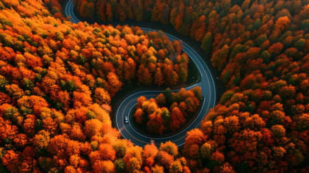 Forest showing aerial view of a winding road through a vibrant autumn forest with trees...