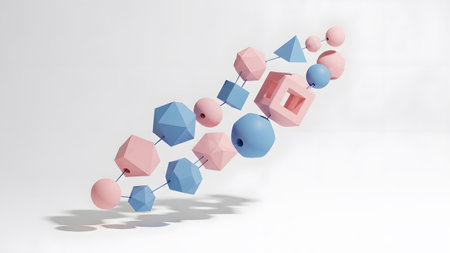 An abstract composition of pastel pink and blue geometric shapes including spheres and prisms...