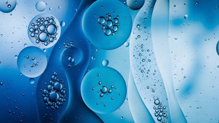 Macro view of blue oil and water bubbles forming organic shapes and fluid patterns with light...