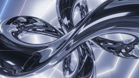 A metallic chrome sculpture with smooth, flowing curves against a backdrop of glowing white and...の写真素材